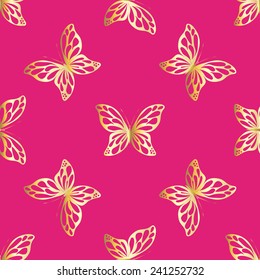 Gold butterfly seamless pattern on pink background. Abstract design. Vector illustration.