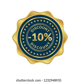 Gold button with 10% discount. emblem, label, badge,sticker, logo. Designed for celebration or anniversary