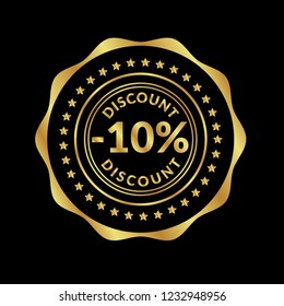 Gold button with 10% discount. emblem, label, badge,sticker, logo. Designed for celebration or anniversary