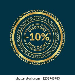 Gold button with 10% discount. emblem, label, badge,sticker, logo. Designed for celebration or anniversary