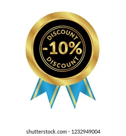 Gold button with 10% discount. emblem, label, badge,sticker, logo. Designed for celebration or anniversary