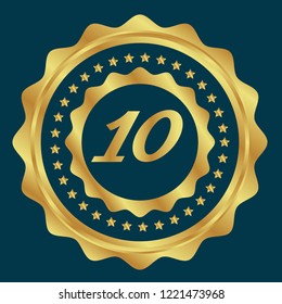 Gold button with 10 number. emblem, label, badge, logo for celebration