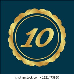 Gold button with 10 number. emblem, label, badge, logo for celebration