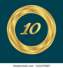 Gold button with 10 number. emblem, label, badge, logo for celebration