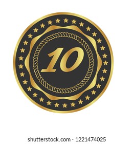 Gold button with 10 number. emblem, label, badge, logo for celebration