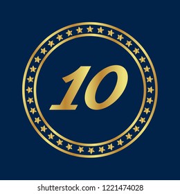 Gold button with 10 number. emblem, label, badge, logo for celebration