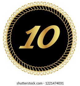 Gold button with 10 number. emblem, label, badge, logo for celebration