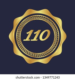 Gold button with 110 years anniversary . emblem, label, badge,sticker, logo. Designed for celebration or anniversary
