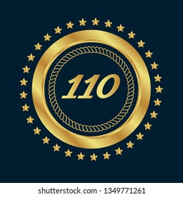 Gold button with 110 years anniversary . emblem, label, badge,sticker, logo. Designed for celebration or anniversary