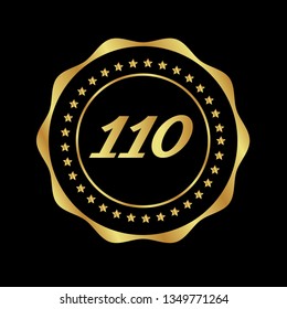 Gold button with 110 years anniversary . emblem, label, badge,sticker, logo. Designed for celebration or anniversary