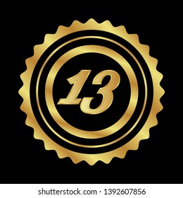 Gold button with 13 years anniversary . emblem, label, badge,sticker, logo. Designed for celebration or anniversary 