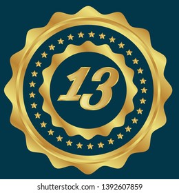 Gold button with 13 years anniversary . emblem, label, badge,sticker, logo. Designed for celebration or anniversary 