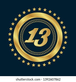 Gold button with 13 years anniversary . emblem, label, badge,sticker, logo. Designed for celebration or anniversary 