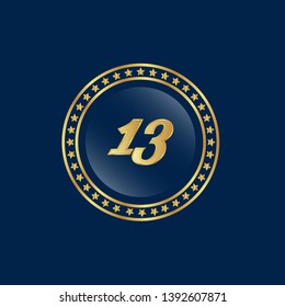 Gold button with 13 years anniversary . emblem, label, badge,sticker, logo. Designed for celebration or anniversary 