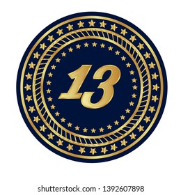 Gold button with 13 years anniversary . emblem, label, badge,sticker, logo. Designed for celebration or anniversary 