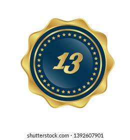 Gold button with 13 years anniversary . emblem, label, badge,sticker, logo. Designed for celebration or anniversary 