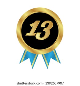 Gold button with 13 years anniversary . emblem, label, badge,sticker, logo. Designed for celebration or anniversary 