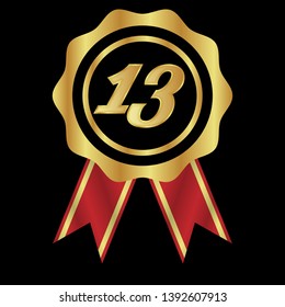 Gold button with 13 years anniversary . emblem, label, badge,sticker, logo. Designed for celebration or anniversary 