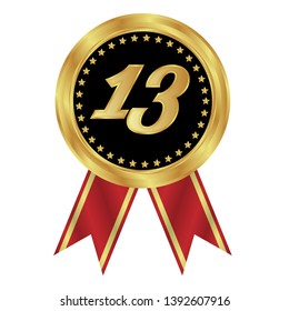 Gold button with 13 years anniversary . emblem, label, badge,sticker, logo. Designed for celebration or anniversary 