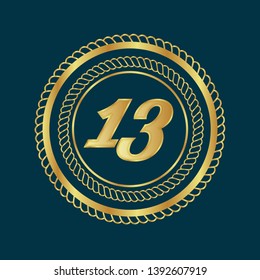 Gold button with 13 years anniversary . emblem, label, badge,sticker, logo. Designed for celebration or anniversary 
