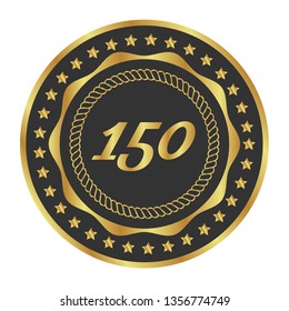 Gold button with 150 years anniversary . emblem, label, badge,sticker, logo. Designed for celebration or anniversary 