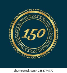 Gold button with 150 years anniversary . emblem, label, badge,sticker, logo. Designed for celebration or anniversary 