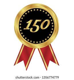Gold button with 150 years anniversary . emblem, label, badge,sticker, logo. Designed for celebration or anniversary 