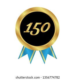 Gold button with 150 years anniversary . emblem, label, badge,sticker, logo. Designed for celebration or anniversary 