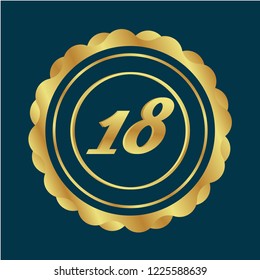 Gold button with 18 number. emblem, label, badge, logo.designed for celebration or anniversary.