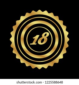 Gold button with 18 number. emblem, label, badge, logo.designed for celebration or anniversary.