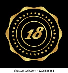Gold button with 18 number. emblem, label, badge, logo.designed for celebration or anniversary.