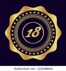 Gold button with 18 number. emblem, label, badge, logo.designed for celebration or anniversary.