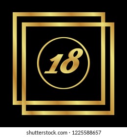 Gold button with 18 number. emblem, label, badge, logo.designed for celebration or anniversary.