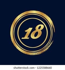 Gold button with 18 number. emblem, label, badge, logo.designed for celebration or anniversary.
