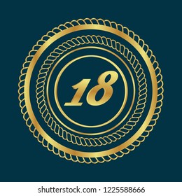 Gold button with 18 number. emblem, label, badge, logo.designed for celebration or anniversary.