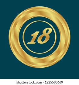 Gold button with 18 number. emblem, label, badge, logo.designed for celebration or anniversary.