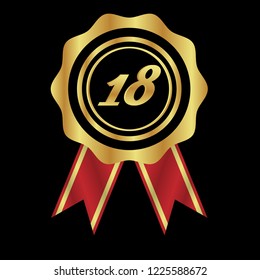 Gold button with 18 number. emblem, label, badge, logo.designed for celebration or anniversary.