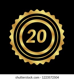 Gold button with 20 number. emblem, label, badge, logo