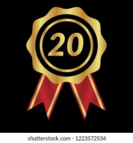 Gold button with 20 number. emblem, label, badge, logo