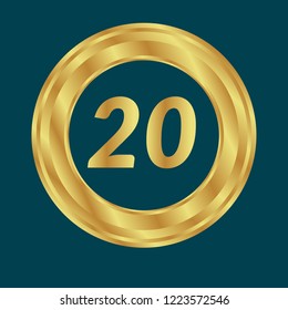 Gold button with 20 number. emblem, label, badge, logo