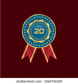 Gold button with 20 years anniversary and ribbon . emblem, label, badge,sticker, logo. Designed for celebration or anniversary 