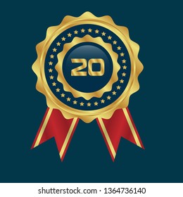 Gold button with 20 years anniversary and ribbon . emblem, label, badge,sticker, logo. Designed for celebration or anniversary 