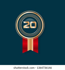 Gold button with 20 years anniversary and ribbon . emblem, label, badge,sticker, logo. Designed for celebration or anniversary 