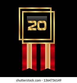 Gold button with 20 years anniversary and ribbon . emblem, label, badge,sticker, logo. Designed for celebration or anniversary 
