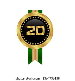 Gold button with 20 years anniversary and ribbon . emblem, label, badge,sticker, logo. Designed for celebration or anniversary 