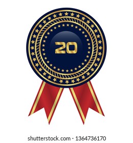 Gold button with 20 years anniversary and ribbon . emblem, label, badge,sticker, logo. Designed for celebration or anniversary 
