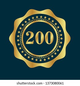 Gold button with 200 years anniversary . emblem, label, badge,sticker, logo. Designed for celebration or anniversary