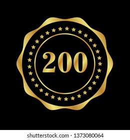 Gold button with 200 years anniversary . emblem, label, badge,sticker, logo. Designed for celebration or anniversary