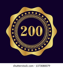 Gold button with 200 years anniversary . emblem, label, badge,sticker, logo. Designed for celebration or anniversary