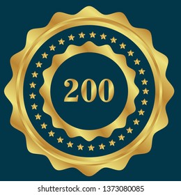 Gold button with 200 years anniversary . emblem, label, badge,sticker, logo. Designed for celebration or anniversary